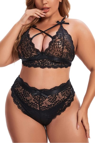 Dames Grote Maat Lingerie Setje Sexy Diepe V Kanten BH en Hoge Taille Panty Setje Bralette Set met Gekruiste Bandjes