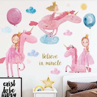 Muursticker | Unicorn met meisje | Eenhoorn |  Wanddecoratie | Muurdecoratie | Slaapkamer | Kinderkamer | Babykamer | Jongen | Meisje | Decoratie Sticker |