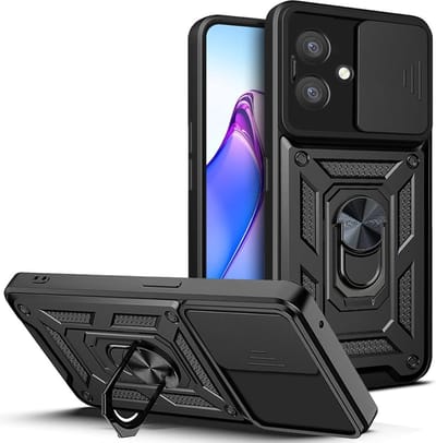 Casemania Hoesje Compatibel met Oppo A40 / A40m / A60 5G - Zwart - Armor Kickstand Back Cover met Camera Bescherming