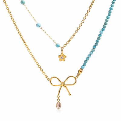 Cliste Couture Bow en Bloem Aquamarine Ketting - Verstelbare Lengte – Sieraad voor Festivals– Moederdag - Sierden vrouw - Goudkleurige - Ketting Dames - Ketting