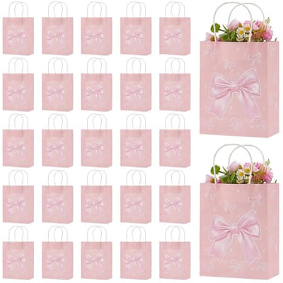 Dailygoods- Geschenkzakken 30 Stuks - Roze Strik - Papieren Zak - Handvatten - Verjaardagsfeestje - Moederdag/Valentijnsdag - Geschenktassen
