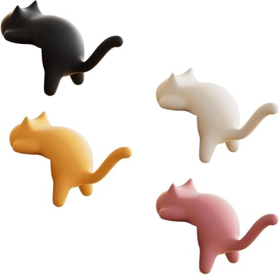 4 stuks kattenvormige zelfklevende desktophaken van ABS, bureaubladhouder, rugzakhaak, sleutelhanger, randopberger voor op het bureau, set in meerdere kleuren: melkachtig wit, zwart, geel, roze