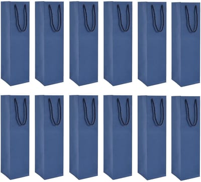 Dailygoods - 12 stuks kraftpapier wijnfleszak, wijnfleshouder met handgrepen, kraftpapier, wijntas voor Kerstmis, bruiloft, feest, 9 x 9 x 30 cm (blauw)