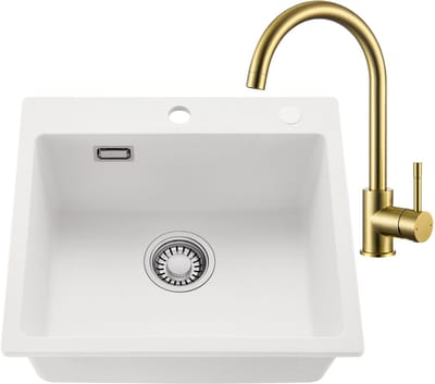 CECIPA max Spoelbak Keuken 50x45CM - Spoelbakken Graniet Met Goud Keukenkraan - Enkele spoelbak Wit - Met waterafvoersysteem - Voor 50 cm kast