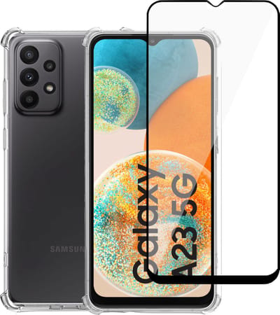 Geschikt voor Samsung A23 4G / 5G Hoesje + Screenprotector – Full Cover Gehard Glas + Shock Proof Case – Transparant