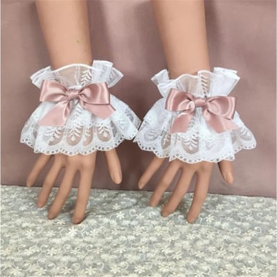 Meerkleurige Sweet Lolita Handmouwen Strik Kant Afwerking Manchetten Maid Cosplay Accessoires Voor Vrouwen Meisje Feest white