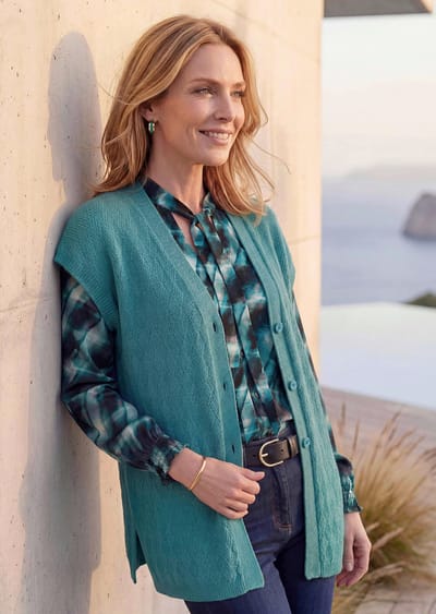 Tricot vest van merinowol met ruitpatroon - turquoise - Gr. 19 van Goldner Fashion