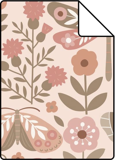 Proefstaal ESTAhome behang bloemen & vlinders beige, groen en oudroze - 26.5 x 21 cm - 131886-S