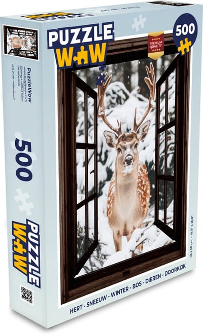 Puzzel Hert - Sneeuw - Winter - Bos - Dieren - Doorkijk - Legpuzzel - Puzzel 500 stukjes