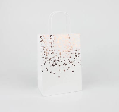 Papieren Tasjes Wit met Hartjes- 5 stuks - Uitdeel Tasjes - Rose Gold - Rose Goud - Feest - Bruiloft - Chique - Gift Tasjes - Cadeau Tasjes - Kinderfeestje Tasjes - Gift Bag - Kado Tasjes - Uitdeel Zakjes - Luxe Gift Bags - Cadeau - Tasje Met Handvat