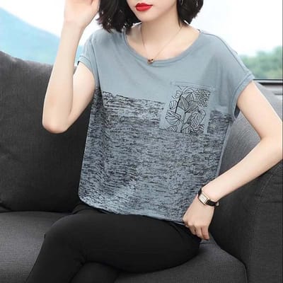 T-shirt à manches courtes en coton pour femmes, haut Simple imprimé, ample, col rond, vêtements pour femmes, grande taille, été M du lac bleu