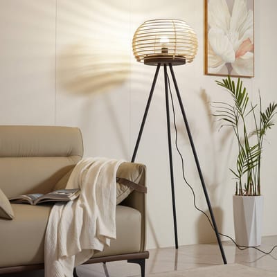 Lindby - vloerlamp - 1licht - Ijzer, hout - H: 159.1 cm - E27 - zwart, licht hout