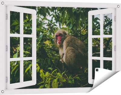 Gards Tuinposter Doorkijk Aap in de Boom tussen de Bladeren - 90x60 cm - Tuindoek - Tuindecoratie - Wanddecoratie buiten - Tuinschilderij