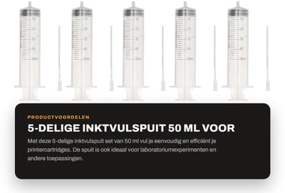 Dailygoods- Inkt Vulspuit 50 Ml - 5 Stuks - Duidelijke Schaalverdeling - Roestvrij Staal - PP-Kunststof - Voor Printercartridge/Laboratorium - Spuit