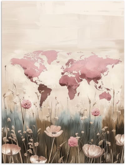 Poster 120x160 cm - Wereldkaart - Roze - Bloemen - Posters - Kamer decoratie - Wanddecoratie woonkamer - Muurdecoratie slaapkamer XXL