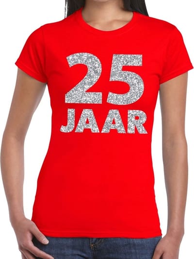 25 jaar zilver glitter verjaardag t-shirt rood dames - verjaardag / jubileum shirts XS