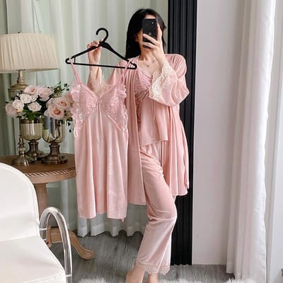 Herfst Winter Fluweel Dames 4-delige Pyjama Set Sexy Patchwork Vlinder Kant Badjas Nachthemd Broekpakken Losse Velours Huiskleding M gray