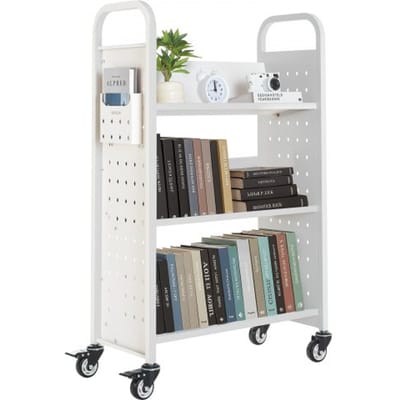 VEVOR Boekenwagen, draagvermogen 150 kg, Bibliotheekwagen, 77 x 38 x 122 cm, enkelzijdige V-vormige boekenplank met dubbele remwielen, voor woonkamer, kantoor, school, wit