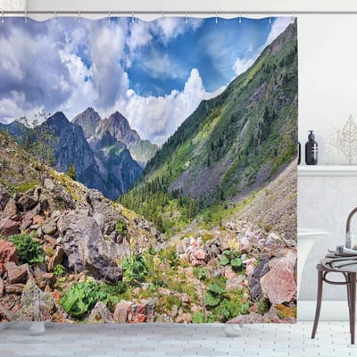 ABAKUHAUS Berge douchegordijn – Mountain Wild – 175x240 cm – groen/blauw