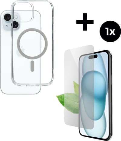 Mobiparts Hardcover MagSafe hoesje geschikt voor Apple iPhone 15 - MagSafe - met 1 Screenprotector van Gerecycled Gehard Glas - Transparant