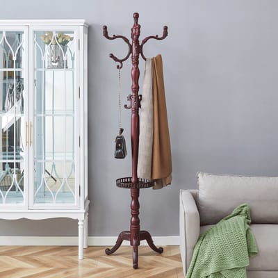 MIVRAY Kapstokstaander – Klassiek Meervoudig Ophangen – 195 x 48 x 31 cm – Massief Hout en Metaal – Walnoot – Hal en Slaapkamer