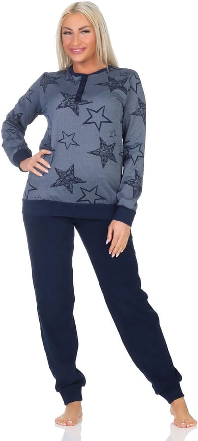 Normann dames badstof pyjama lange mouw met manchetten in hartjeslook - ook in oversize