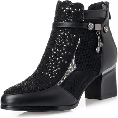 Bottines Sexy en Cuir Véritable et Mesh Noir pour Femmes Été Talons Carrés en Cristal Bottes Femme Dentelle Blanche Courtes Botas Mujer 37 noir