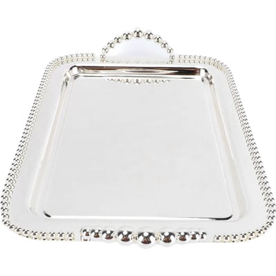 Metalen Serveerschaal met Kralen Europese Decoratieve Rechthoekige Spiegel Serveerschaal met Handvat voor Tafeldecoratie zilver