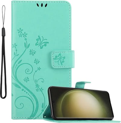 Cadorabo Hoesje geschikt voor Samsung Galaxy S23 ULTRA in BLOEMEN TURKOOIS - Beschermhoes in bloemmotief met magnetische sluiting, standfunctie en kaartsleuven Book Case Cover Etui