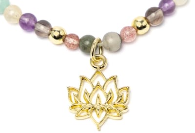 Verstelbare halsketting lotus, aardbeienkwarts, amazoniet, citrien, amethist, rookobsidiaan & hematiet - 37 cm