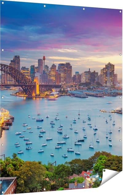 Gards Tuinposter Sydney Harbour Bridge in de Avond - 120x160 cm - Tuindoek - Tuindecoratie - Wanddecoratie buiten - Tuinschilderij
