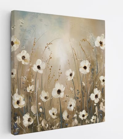 Saammp Canvas Schilderij - Abstracte Witte Bloemen - Natuur - 20x20 - Foto op canvas - Wanddecoratie - Muurdecoratie Woonkamer - Kantoor Decoratie