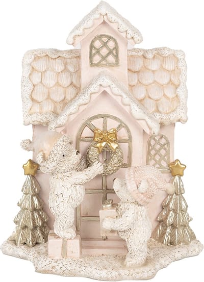 Clayre & Eef Decoratie Huis met LED 15x10x18 cm Roze Polyresin Beer
