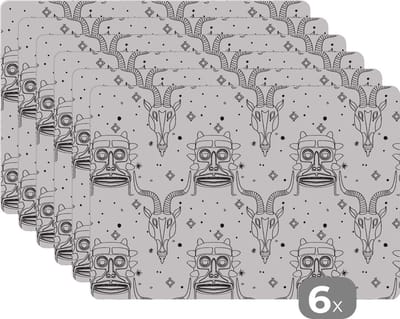 Placemat - Placemats kunststof - Masker - Lijn - Patronen - Tribal - 45x30 cm - 6 stuks - Hittebestendig - Anti-Slip - Onderlegger - Afneembaar
