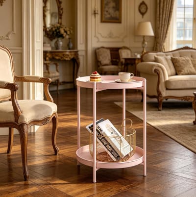STILVORA Bijzettafel - Ronde Tafel Met 2 Afneembare Opberglagen - Voor Woonkamer Slaapkamer Of Balkon - Metaal - 44x44x53 Cm - Roze