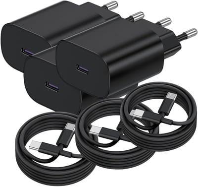 USB C Snellader 25W + USB-C Kabel 1M - 3 Pack - Oplader - USB-C Lader - Zwart