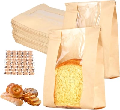 Grote papieren broodzakken met venster, 100 stuks, 35 x 21 x 9 cm, ideaal voor brood, gebak en geschenken