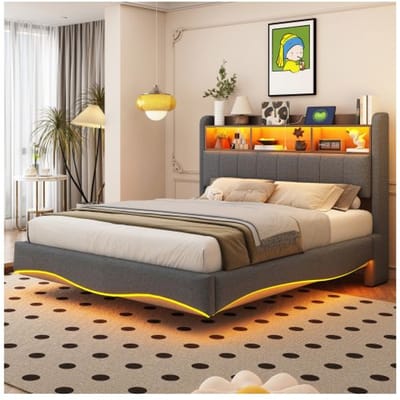 Lit mural - MUVOE - 140x200 - Tissu lin gris - Rangement avec éclairage LED - Ports USB et Type-C gris