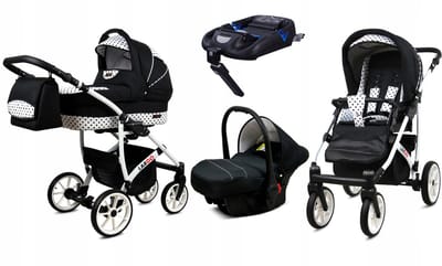 BabyLux® Kinderwagen 4in1 – LARGO - BLACK DOTS WHITE FRAME - Opklapbare Wandelwagen incl. Reiswieg, Multifunctionele Buggy Sportstoel, Autostoel, ISOFIX basisstation - Combi-kinderwagen met Luiertas, Regenhoes, Klamboe