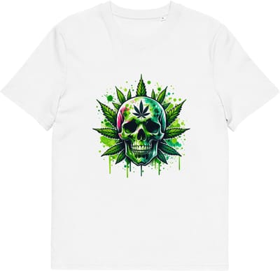 Wiet T Shirt met Schedel en Cannabisblad - Dames en Heren - Streetwear Design - Wit - S