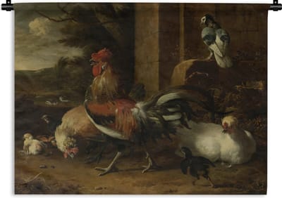 Wandkleed Melchior d'Hondecoeter - Hoenderhof - Schilderij van Melchior d'Hondecoeter Wandkleed katoen 150x112 cm - Wandtapijt met foto
