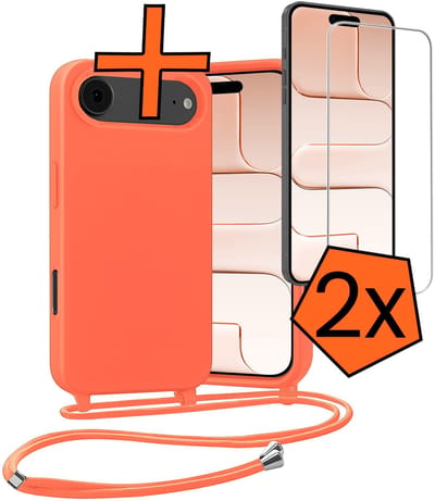 Hoesje Geschikt voor iPhone Air Hoes Met Telefoonketting Met 2x Screenprotector - Backcover Geschikt voor iPhone Air Case Met Koord - Papaya