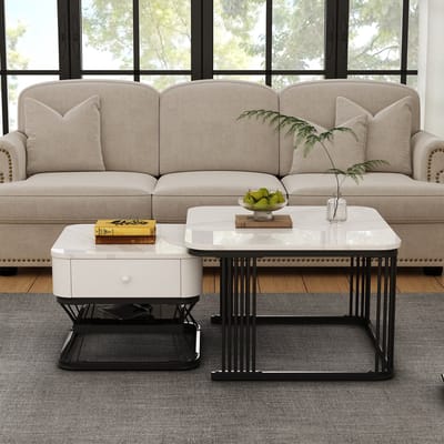 MODFU 2-Delige Salontafelset - Hoogglans Marmerlook - Met 1 Lade - Voor Woonkamer - MDF En Metaal - Wit Zwart - 70x70x45 + 50x50x40 Cm