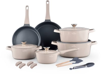 Swiss Haus® ZL3017BE Pannenset Inductie - 17 Delige Pannensets - PFAS Vrij - Set Met Koekenpannen, Kookpotten & Steelpan - Pannen Voor Alle Warmtebronnen - Pan met Sapphire™ Antiaanbaklaag - Beige