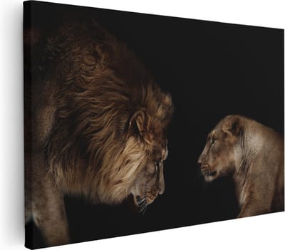 Artaza Canvas Schilderij Leeuwenfamilie - 30x20 cm - Klein - Wanddecoratie Dierenkop - Muurdecoratie Woonkamer - Kamer Accessoires