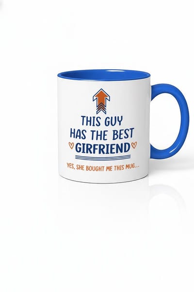 Mok 'THIS GUY HAS THE BEST GIRLFRIEND' - Origineel Cadeau voor Vriend van Vriendin - Blauw/Wit