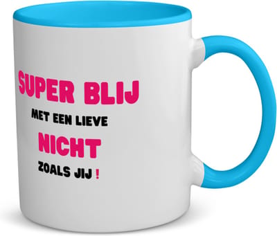 Akyol - super blij met een lieve nicht zoals jij koffiemok - theemok - blauw - Nicht - de liefste nicht - verjaardag - cadeautje voor nicht - nicht artikelen - kado - geschenk - 350 ML inhoud