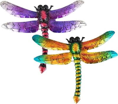 Libelle wanddecoratie voor buiten - kleurrijke tuinwanddecoratie voor hek en muur, set van 2 stuks