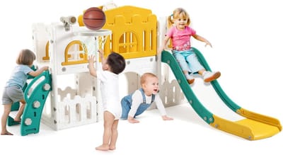 Grote 8-in-1 Kinderglijbaan met Basketbalmand en Klimtoestel