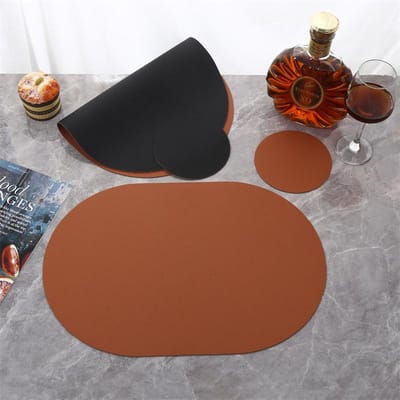 2 Stuks Nordic Leer Home Tafelmatten Japanse Stijl Waterdicht Oliebestendig Hitte-isolatie Pad Ellips Westerse Voedselmat black